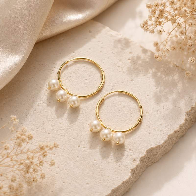 A pair of gold hoop earrings with three white pearls hanging from each hoop, styled on a textured beige stone slab with soft cream satin fabric and dried baby's breath flowers.