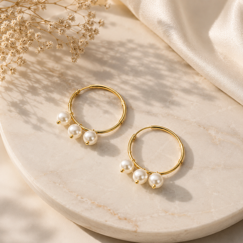 A pair of gold hoop earrings with three white faux pearls dangling from each hoop, displayed on a round beige marble tray with dried flowers and cream satin fabric in the background.