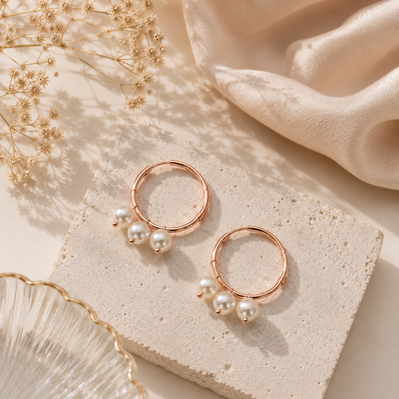 A pair of rose gold hoop earrings with dangling white pearl clusters, displayed on a textured beige stone slab with soft beige fabric and dried flowers in the background.