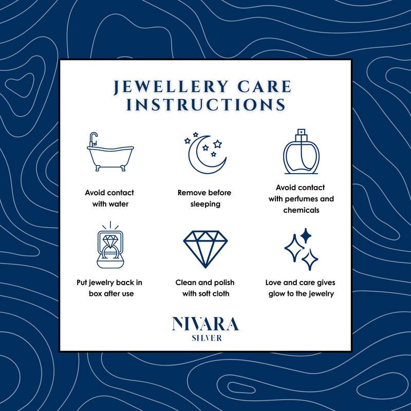 A square white card with blue text and icons titled 'JEWELLERY CARE INSTRUCTIONS,' showing six care tips and the brand 'NIVARA SILVER' at the bottom, set against a dark blue patterned background.