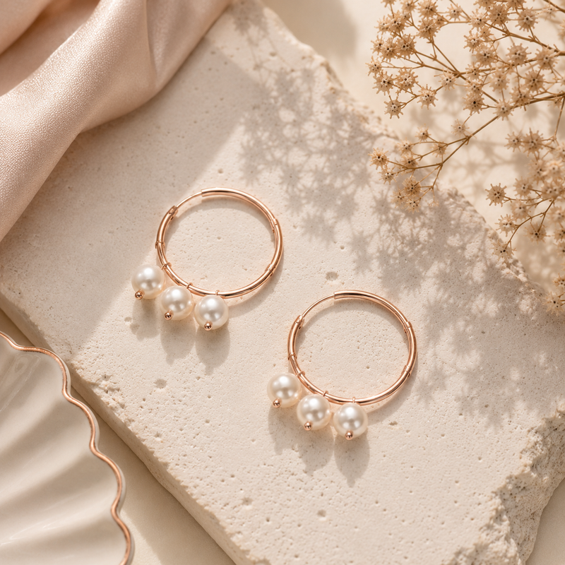 Rose gold hoop earrings with pearls