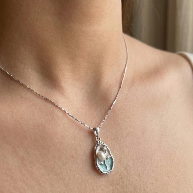 Ocean Bloom 925 sterling silver pendant set blue enamel