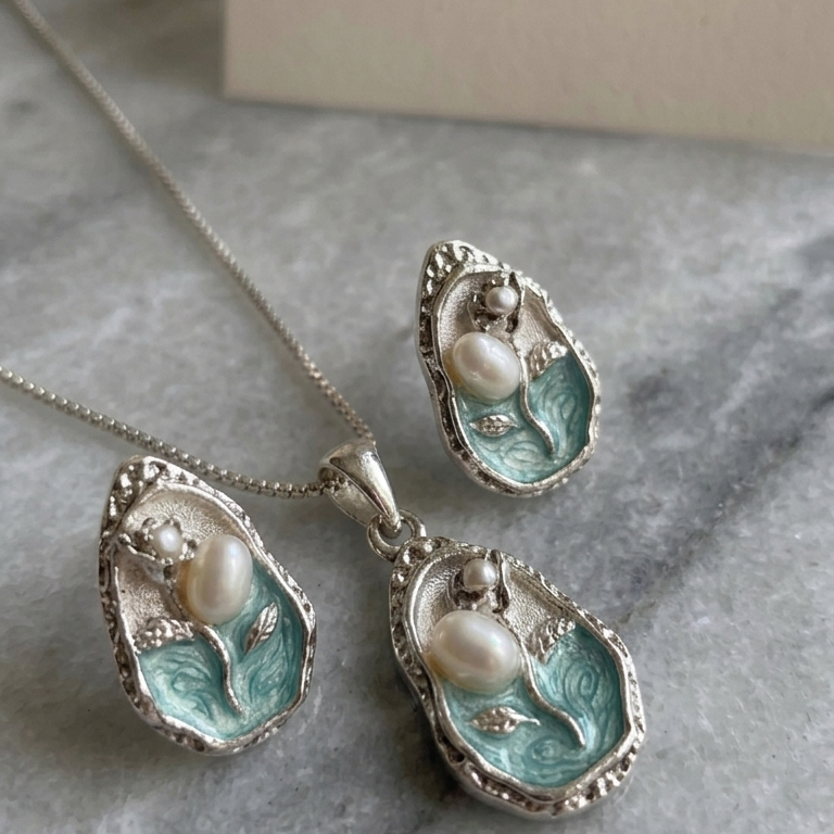Ocean Bloom 925 sterling silver pendant set blue enamel