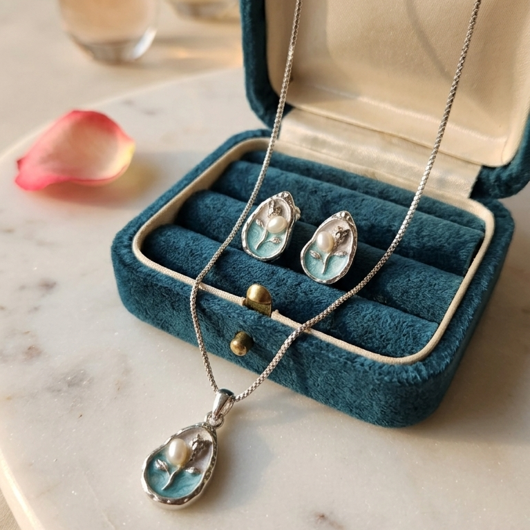 Ocean Bloom 925 sterling silver pendant set blue enamel